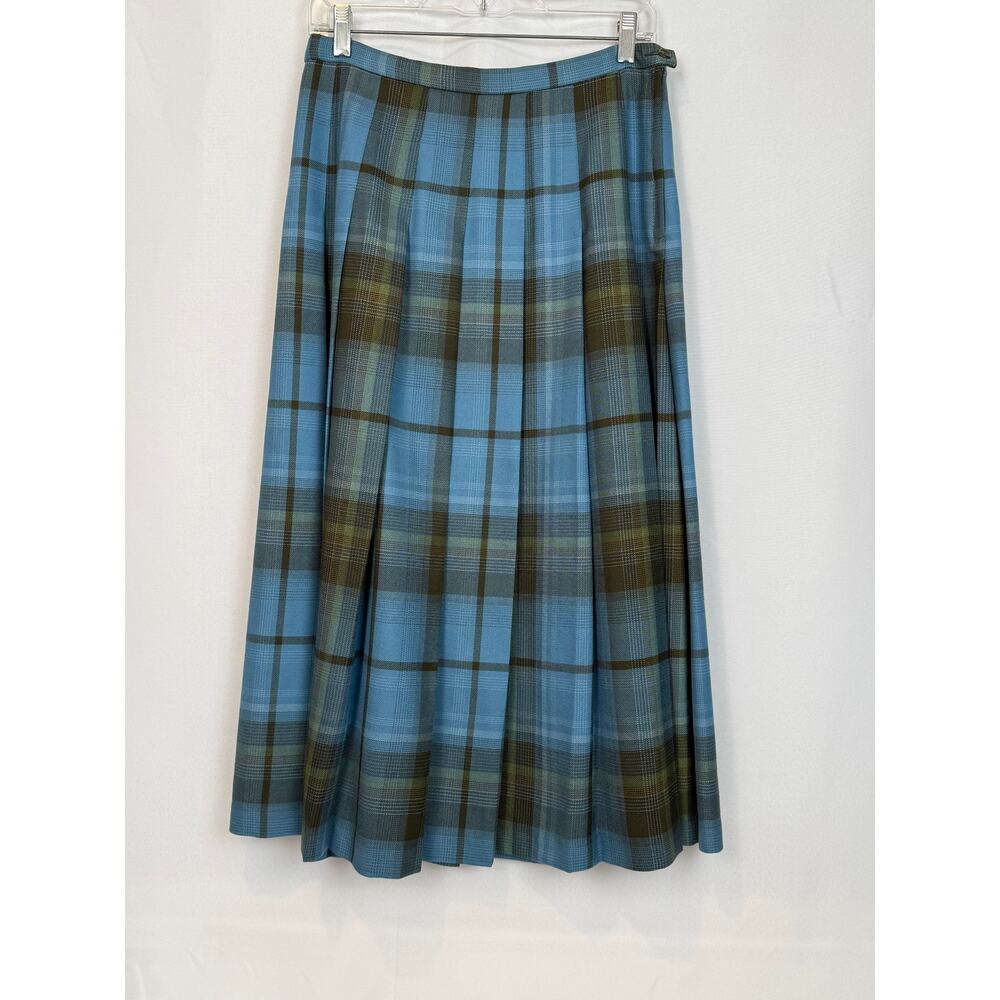 Vintage Pendleton 100% Virgin Wool Pleated Plaid Midi Skirt Blue Olive Tartan